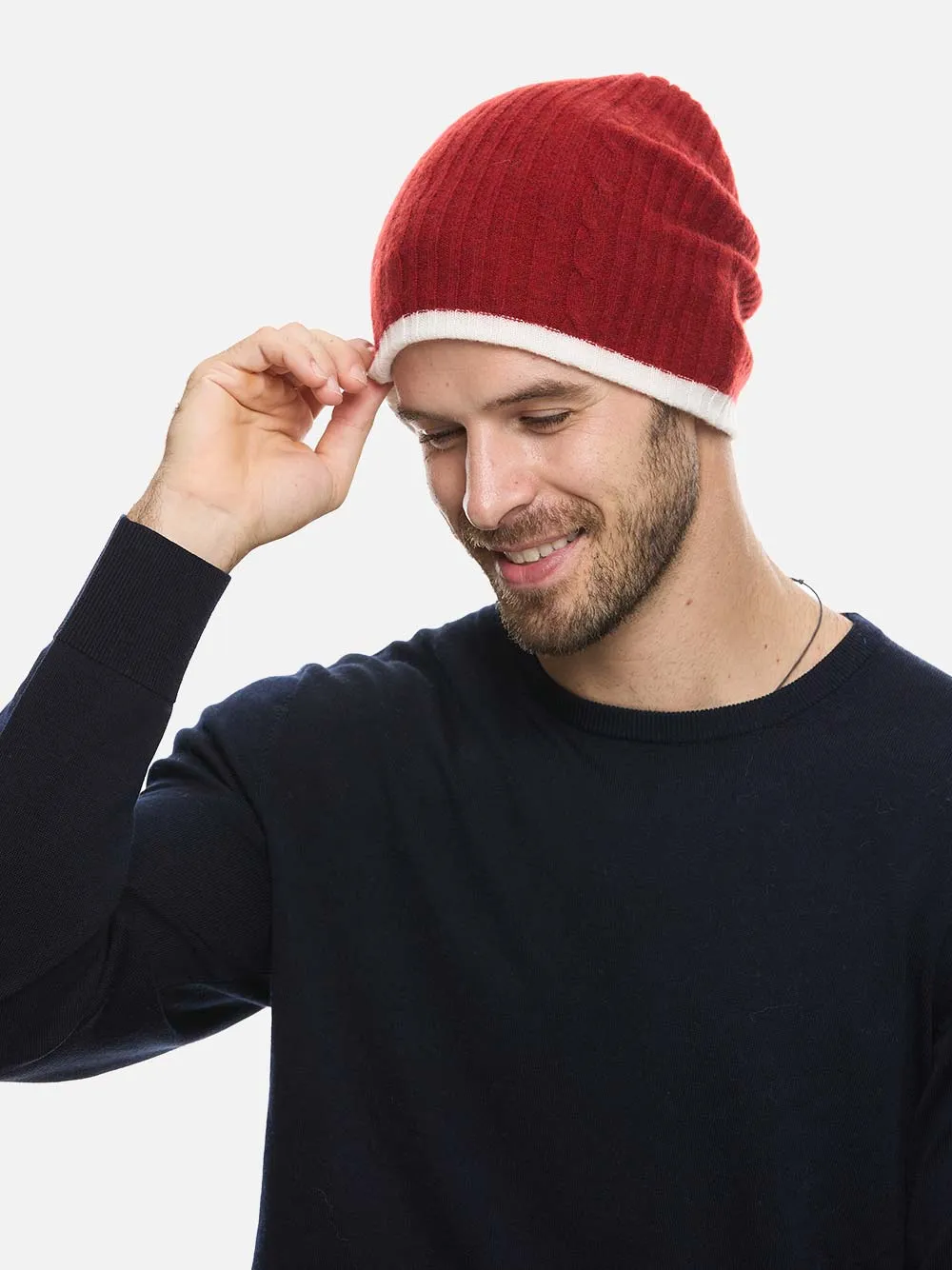4-Way Cashmere Beanie - White/Wine Red