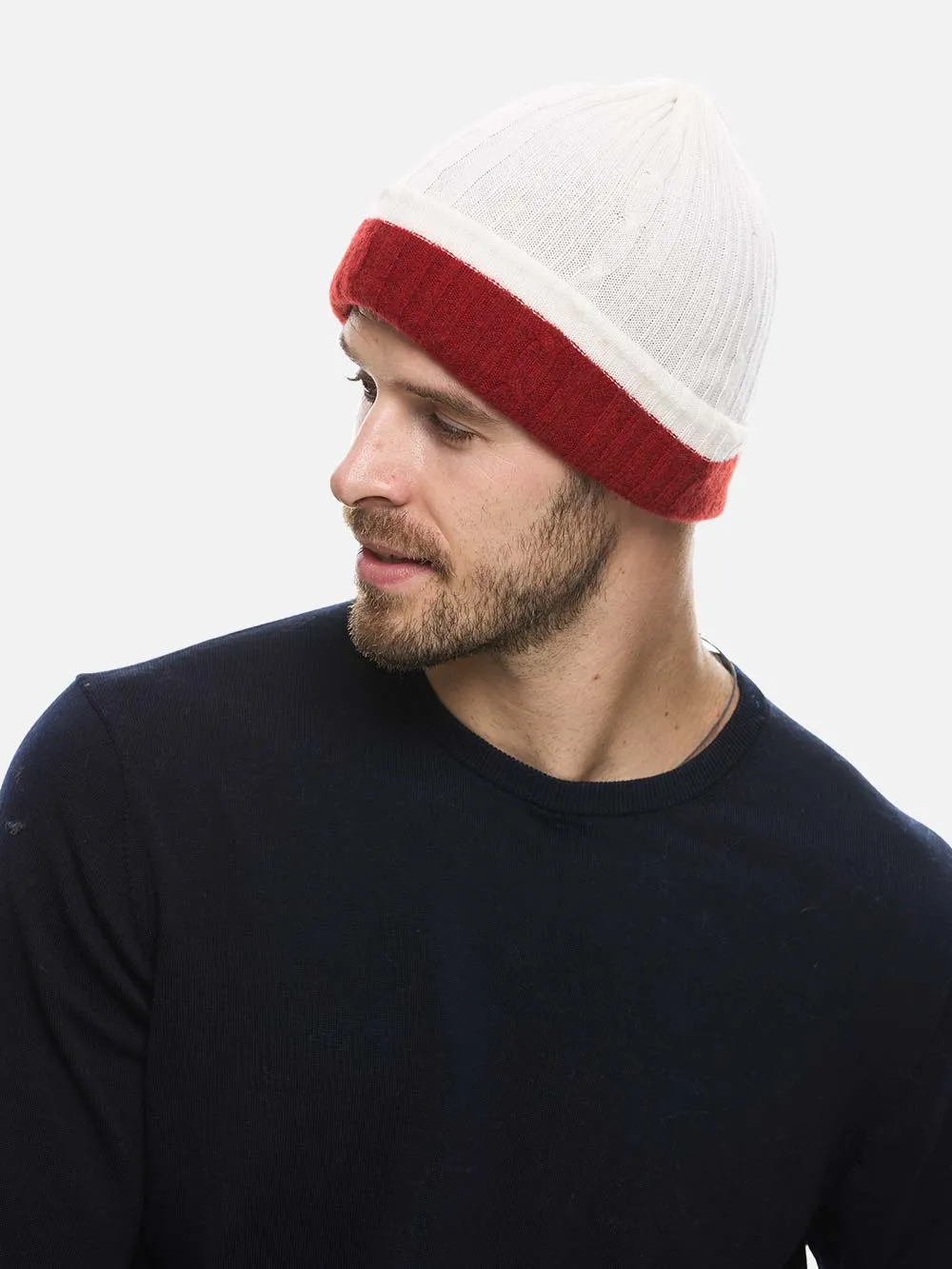 4-Way Cashmere Beanie - White/Wine Red