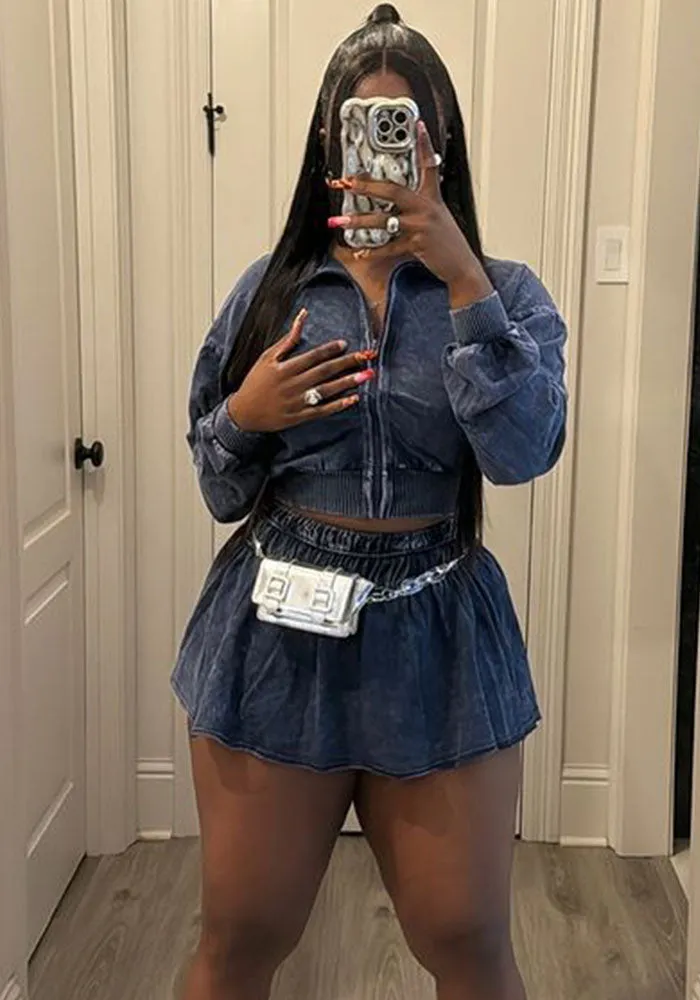 Casual Stretch Two-Piece Set with Zip-Up Jacket and Skater Skirt