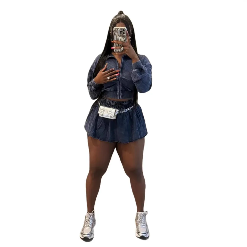 Casual Stretch Two-Piece Set with Zip-Up Jacket and Skater Skirt