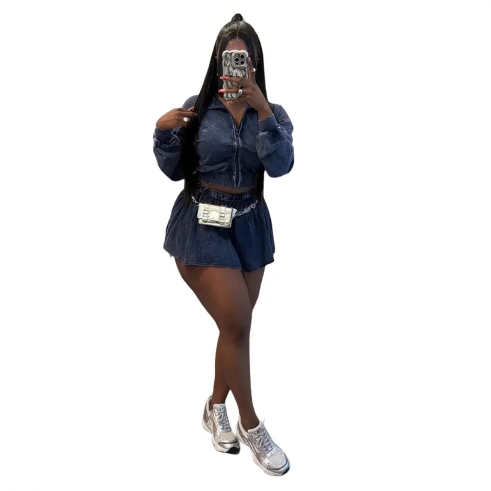 Casual Stretch Two-Piece Set with Zip-Up Jacket and Skater Skirt