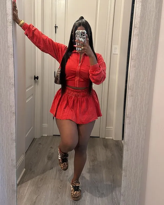 Casual Stretch Two-Piece Set with Zip-Up Jacket and Skater Skirt