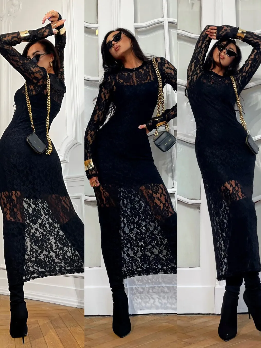 Elegant Round Neck Sheer Lace Bodycon Midi Dress