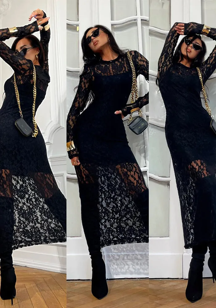 Elegant Round Neck Sheer Lace Bodycon Midi Dress