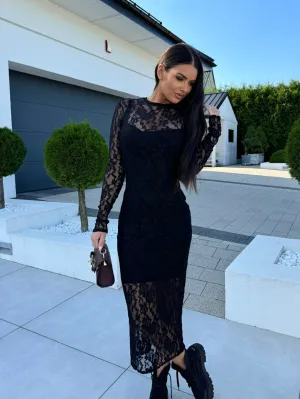 Elegant Round Neck Sheer Lace Bodycon Midi Dress