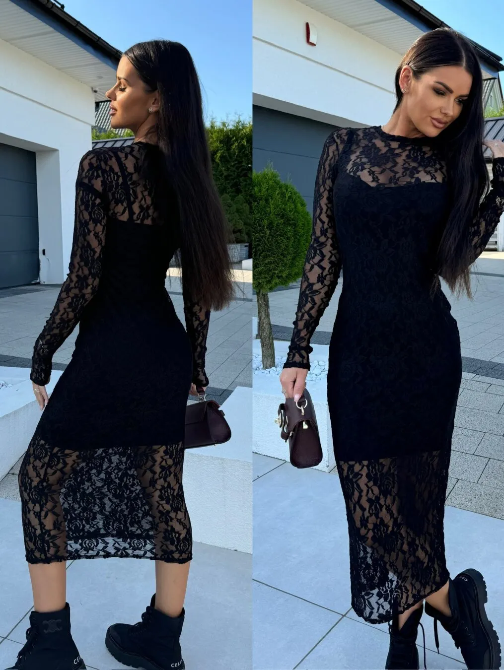 Elegant Round Neck Sheer Lace Bodycon Midi Dress