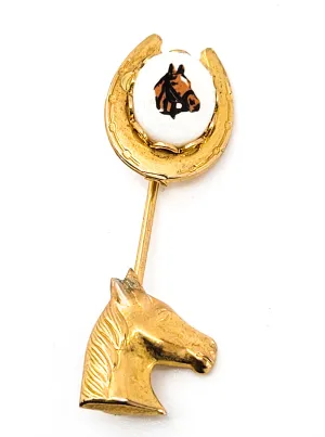 Equestrian Horse Painted porcelain horse shoe vintage stick lapel pin brooch