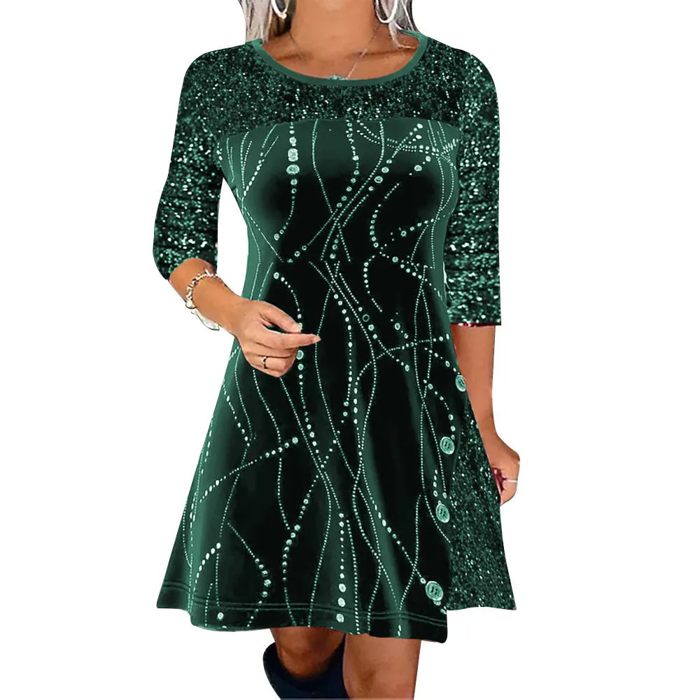 Glamorous Round Neck Sequin Patchwork A-Line Dress for Festive Elegance