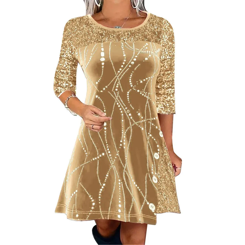 Glamorous Round Neck Sequin Patchwork A-Line Dress for Festive Elegance