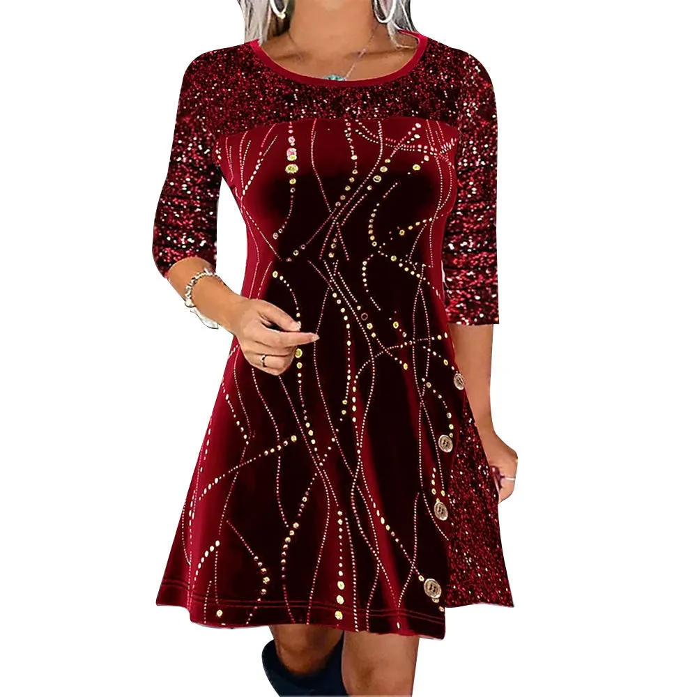 Glamorous Round Neck Sequin Patchwork A-Line Dress for Festive Elegance