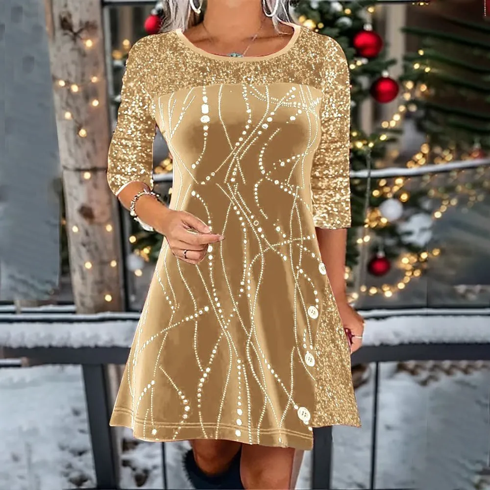 Glamorous Round Neck Sequin Patchwork A-Line Dress for Festive Elegance