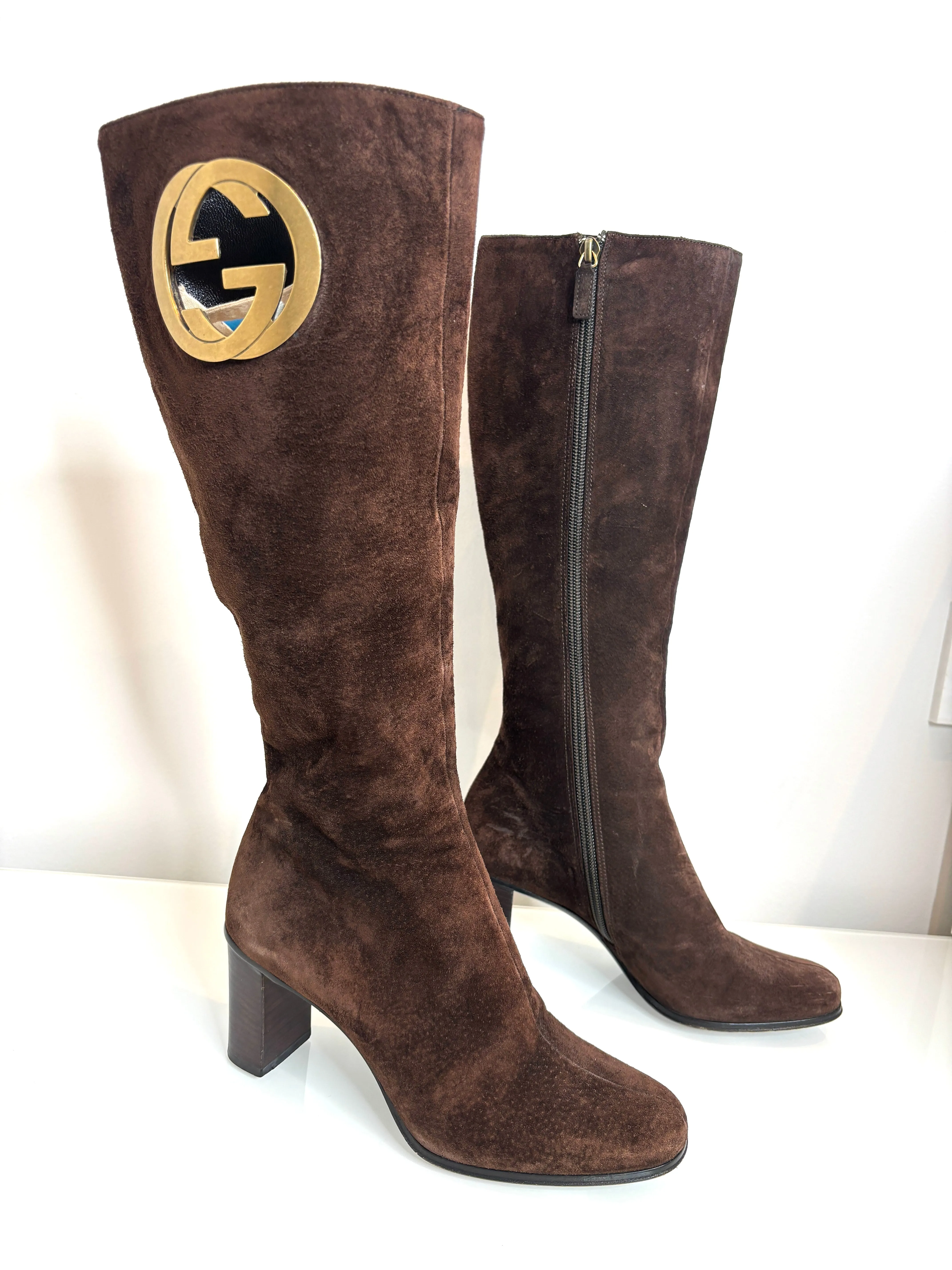 Gucci Tom Ford Brown Suede Double G Logo Knee Boots 35.5 UK2.5