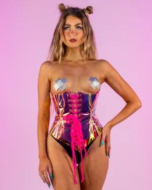 Hot Pink Vinyl Holographic Corset Waist Cincher