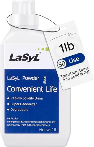 LaSyL Super Absorbent Powder - 50/100/200 use, Solidify & Gel Urine in 1 Min, Deodorizer - Easy to Port Waste Liquid - for Camping Portable Toilet, Urinals, Bedside Commodes, Pet Potty etc