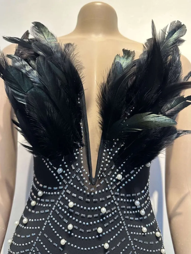 Luxury Pearls Rhinestone Feather Dress