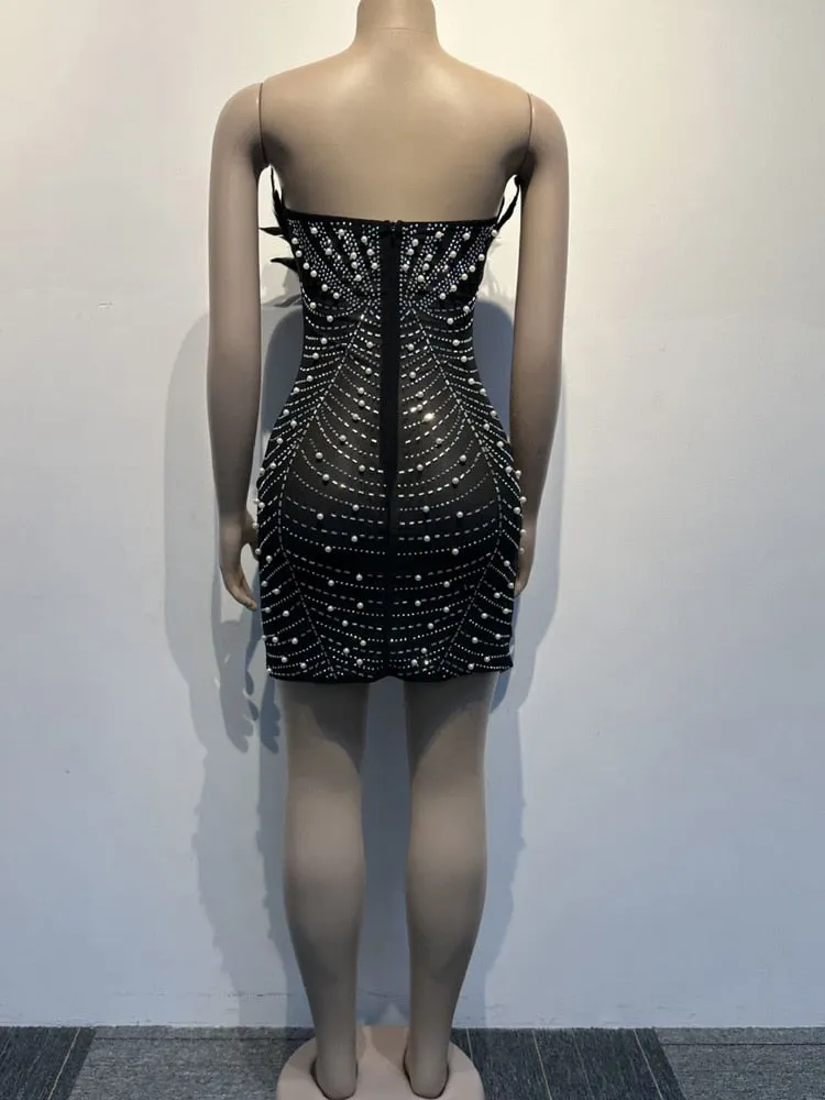 Luxury Pearls Rhinestone Feather Dress