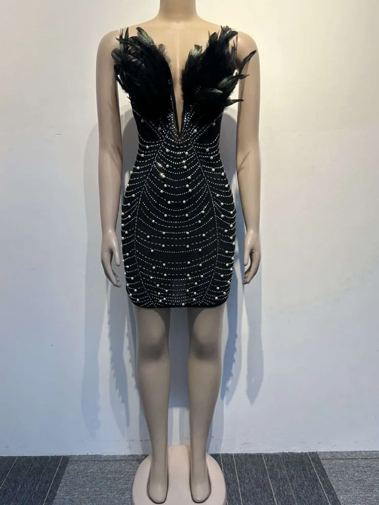 Luxury Pearls Rhinestone Feather Dress