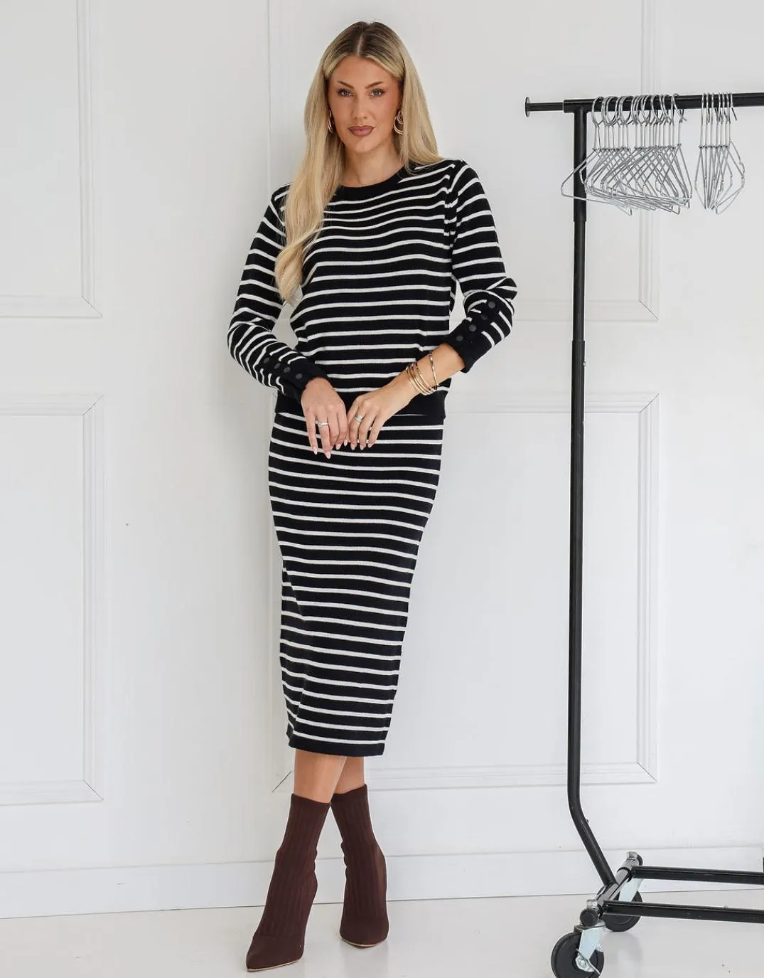 Mari Button Cuff Knit - Black/White Stripe