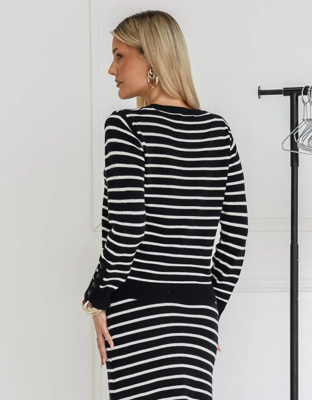 Mari Button Cuff Knit - Black/White Stripe