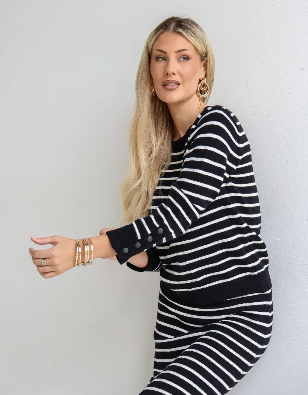 Mari Button Cuff Knit - Black/White Stripe