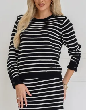 Mari Button Cuff Knit - Black/White Stripe