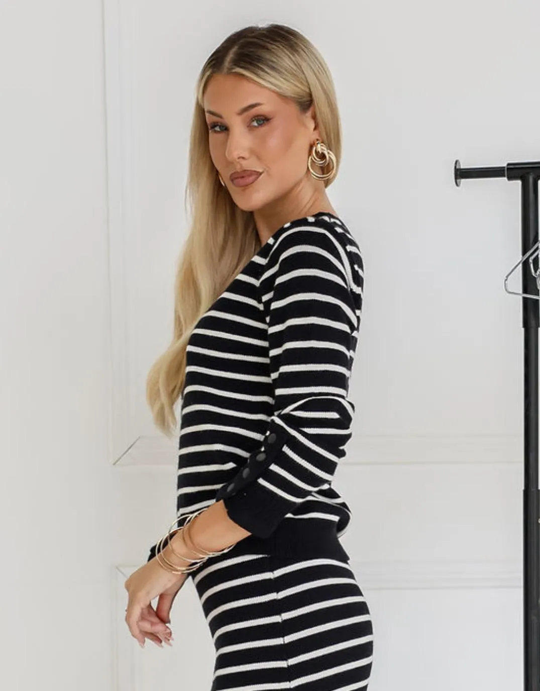Mari Button Cuff Knit - Black/White Stripe