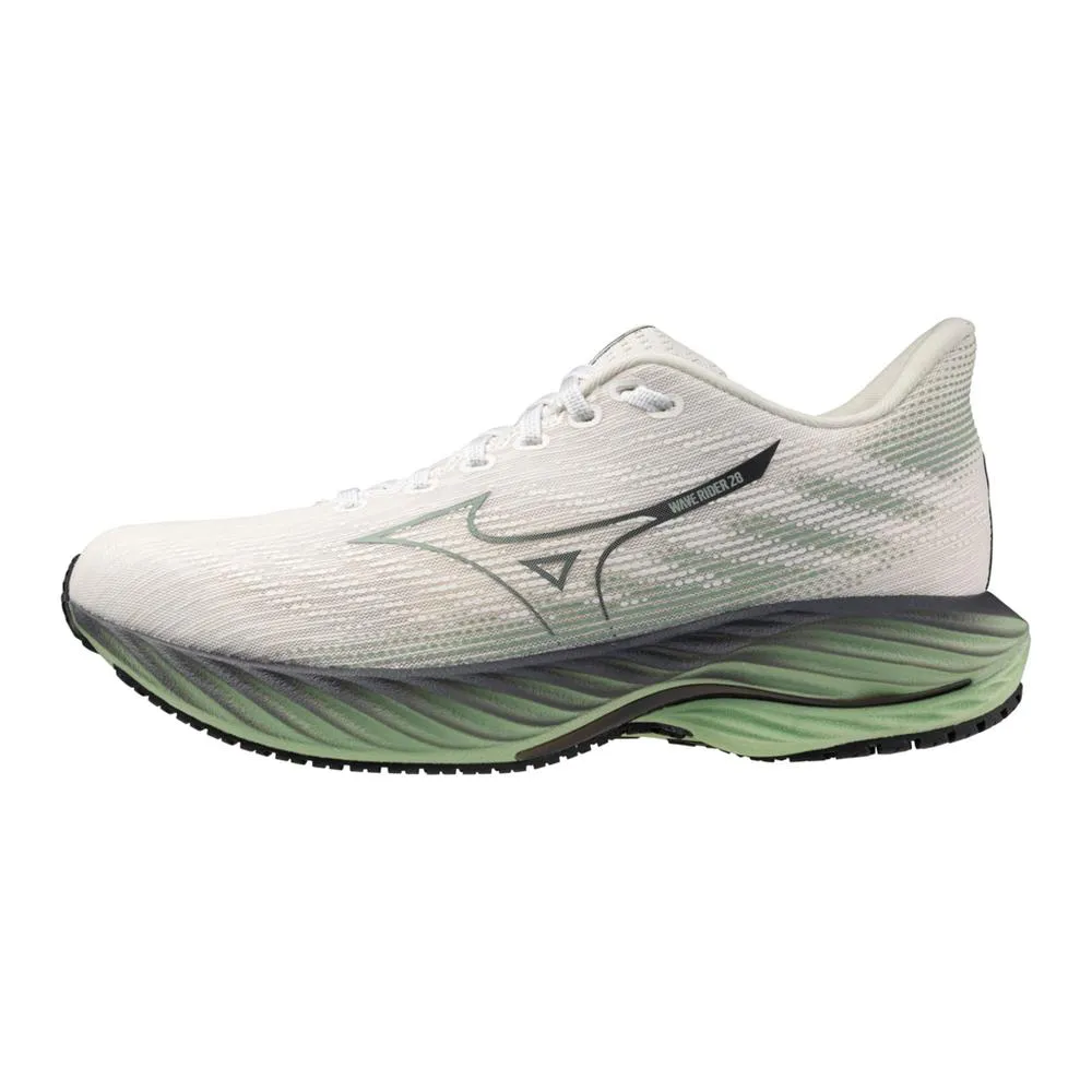 Men's Mizuno Wave Rider 28 Running Shoe in Snow White Frosty Green