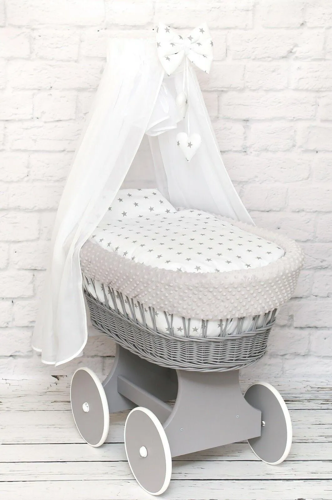 Moses Wicker Basket Full Set Bedding Set Canopy Grey/Dimple Grey/Small stars on White