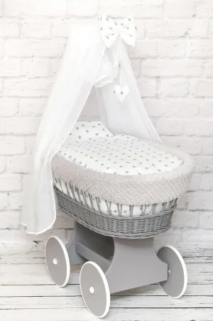 Moses Wicker Basket Full Set Bedding Set Canopy Grey/Dimple Grey/Small stars on White