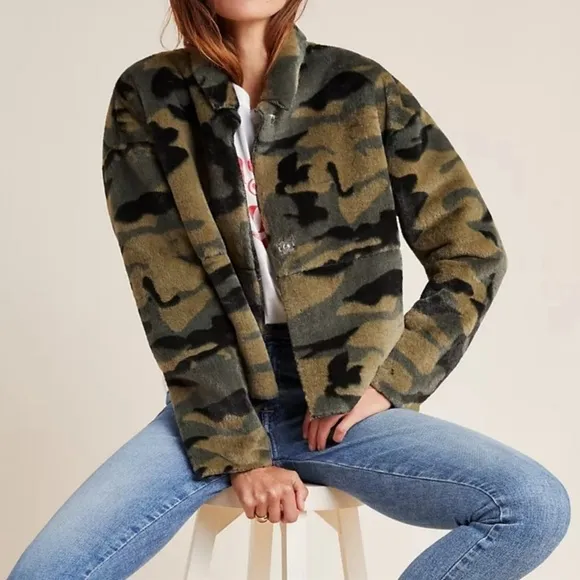 NVLT Vincenza Camo Faux Fur Jacket, Green Black, Size Small
