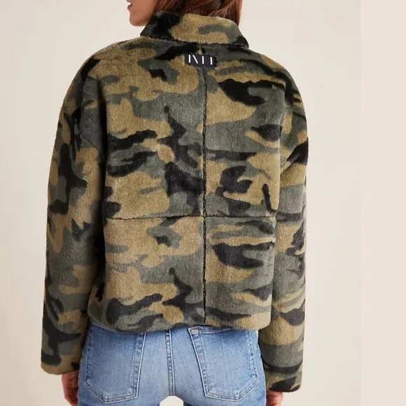 NVLT Vincenza Camo Faux Fur Jacket, Green Black, Size Small