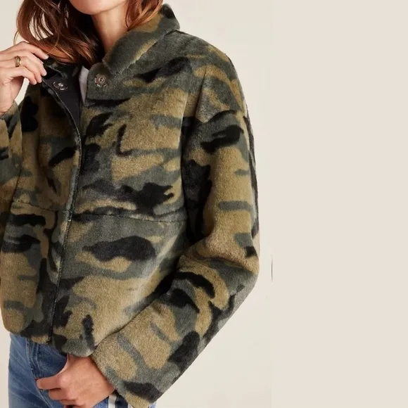 NVLT Vincenza Camo Faux Fur Jacket, Green Black, Size Small