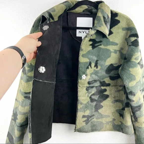 NVLT Vincenza Camo Faux Fur Jacket, Green Black, Size Small