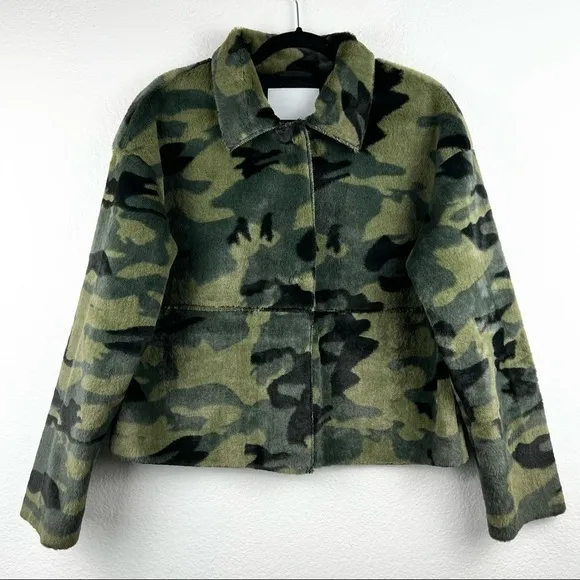 NVLT Vincenza Camo Faux Fur Jacket, Green Black, Size Small