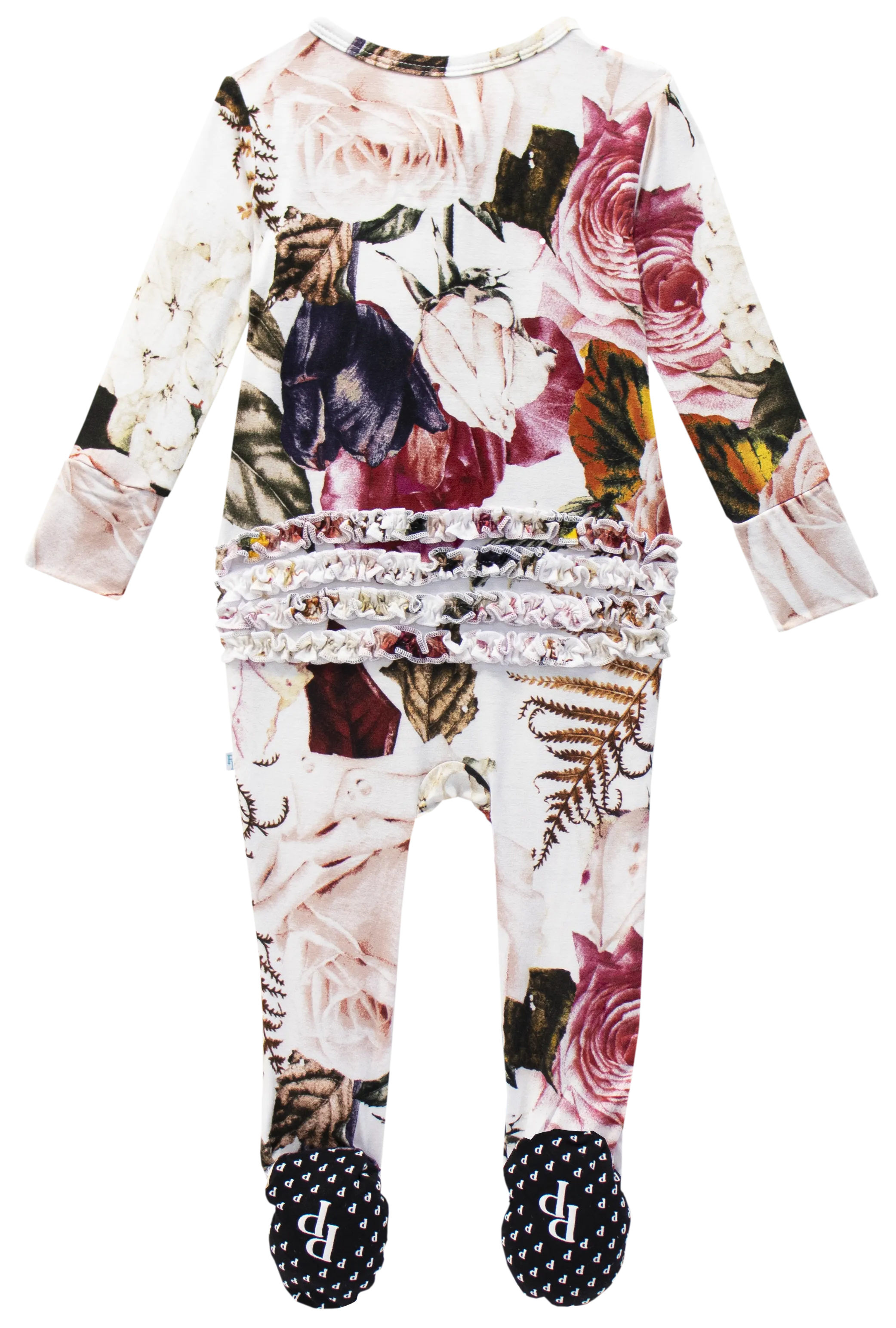 Posh Peanut Black Rose Ruffled Zippered Footie