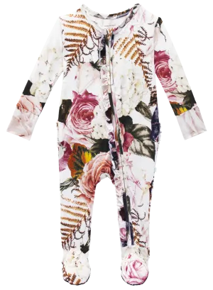 Posh Peanut Black Rose Ruffled Zippered Footie