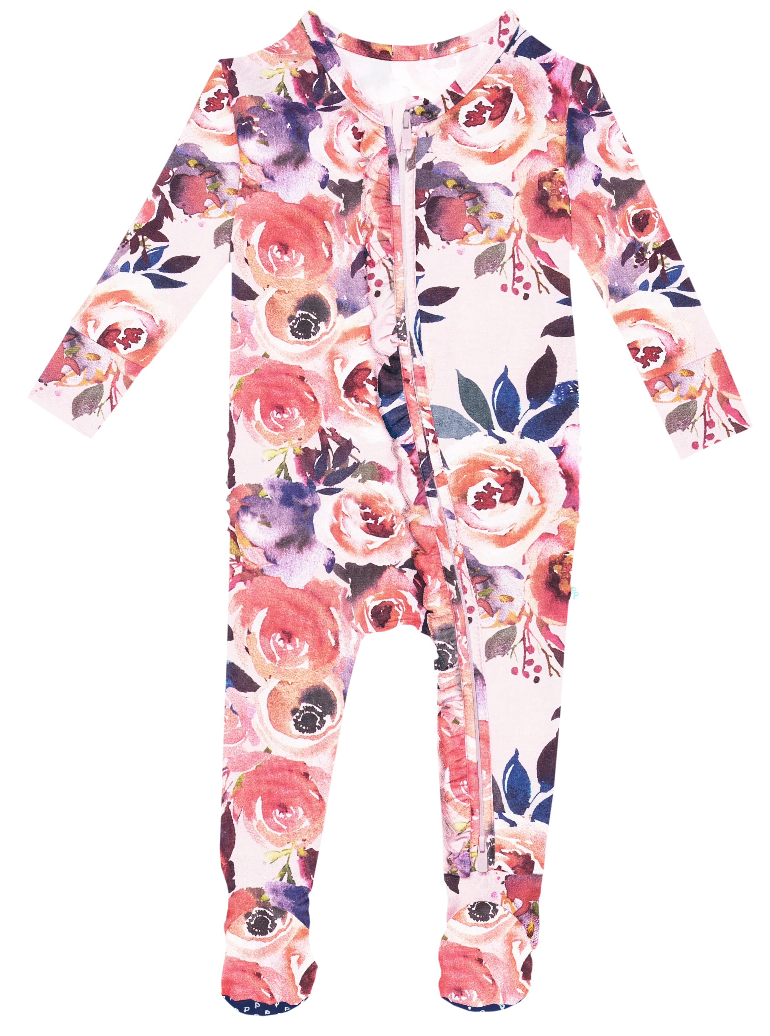 Posh Peanut Dusk Rose Ruffled Zippered Footie