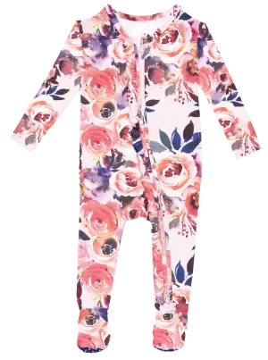 Posh Peanut Dusk Rose Ruffled Zippered Footie