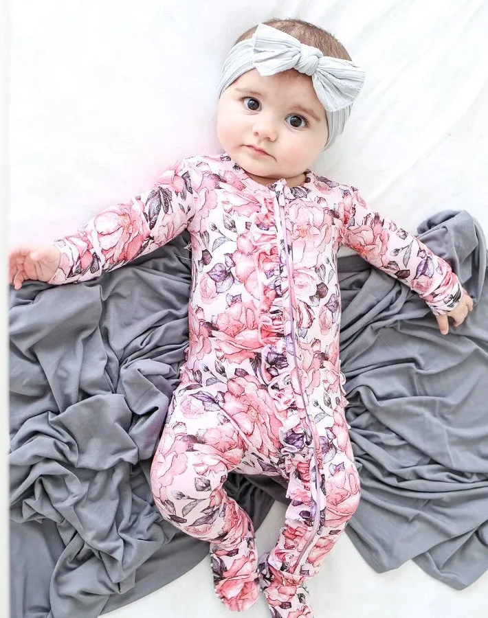 Posh Peanut Vivi French Floral Ruffled Zippered Footie