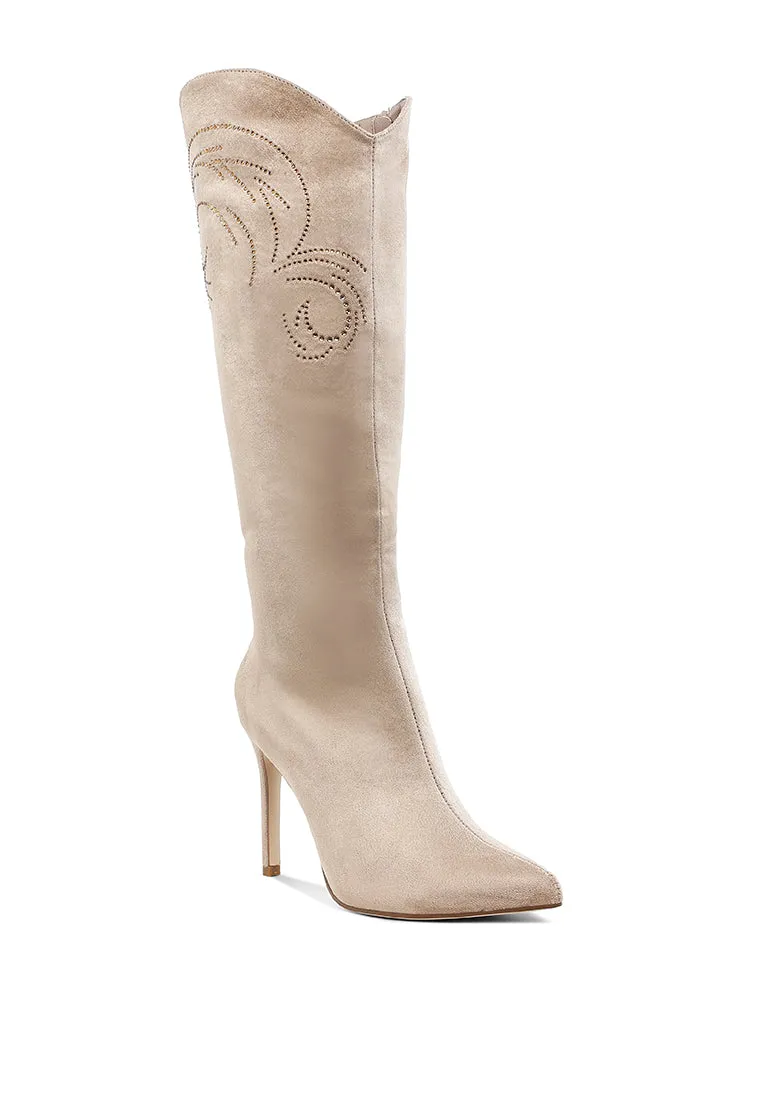 Rhinestone Patterned Calf Boots By RUW