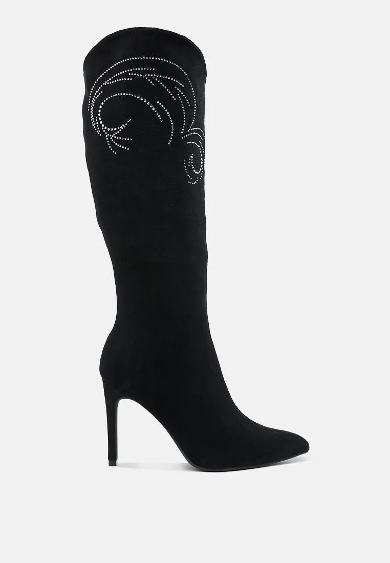 Rhinestone Patterned Calf Boots By RUW