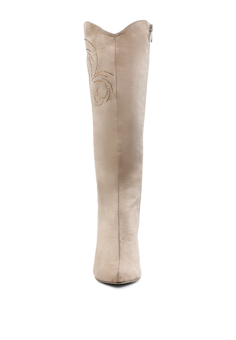 Rhinestone Patterned Calf Boots By RUW