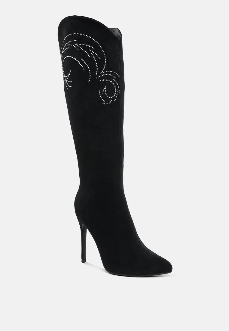 Rhinestone Patterned Calf Boots By RUW