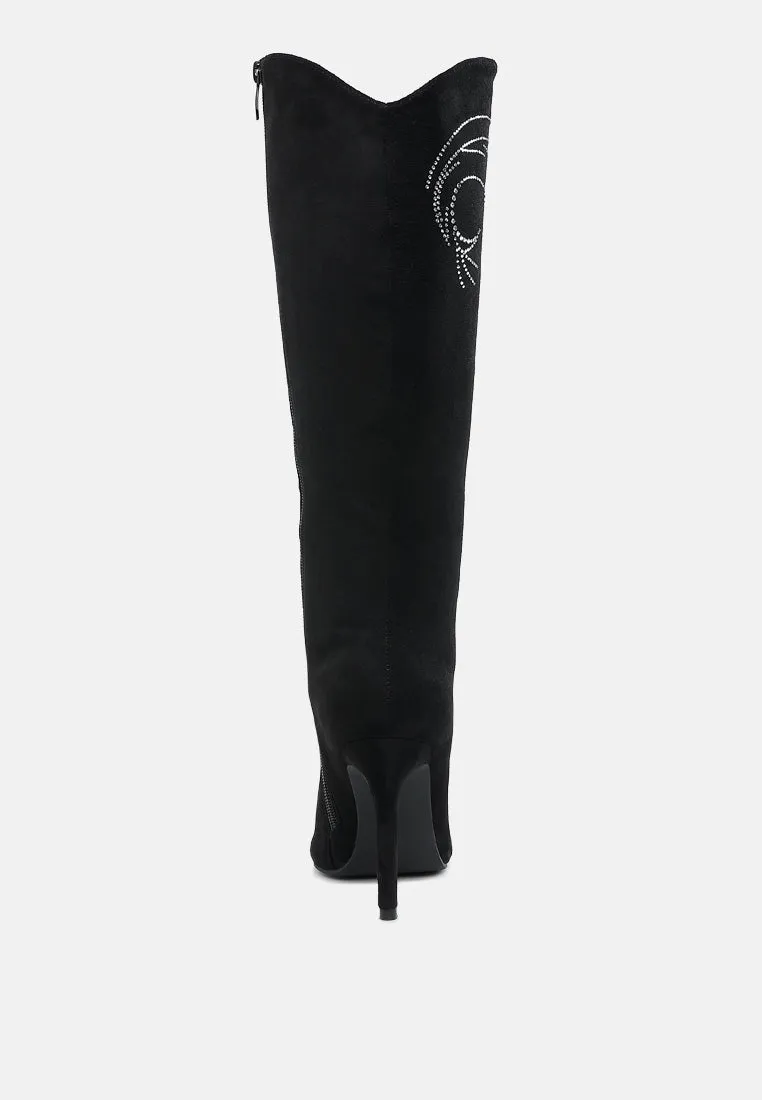 Rhinestone Patterned Calf Boots By RUW