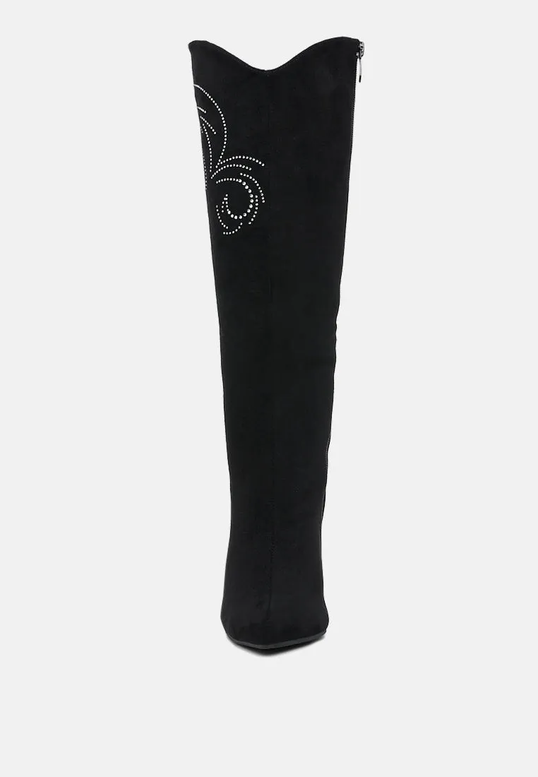 Rhinestone Patterned Calf Boots By RUW