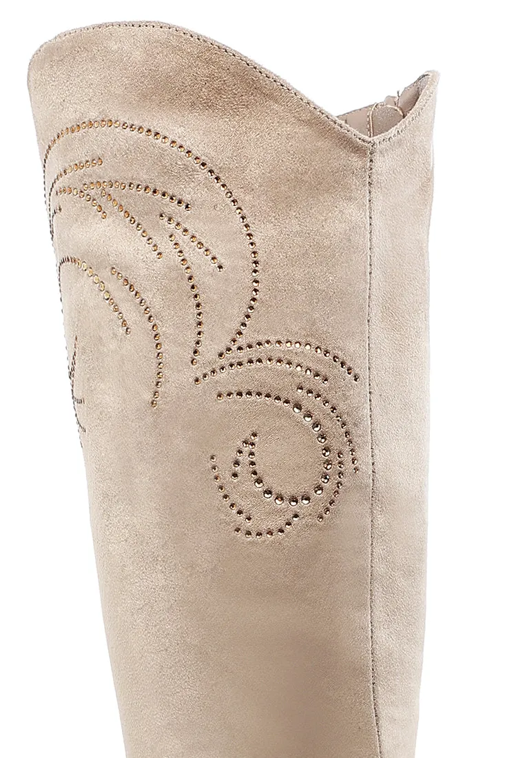 Rhinestone Patterned Calf Boots By RUW
