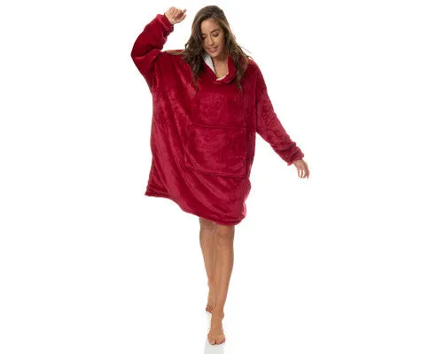 Royal Comfort Snug Hoodie Nightwear Super Soft Reversible Coral Fleece 750GSM One Size Red
