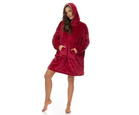 Royal Comfort Snug Hoodie Nightwear Super Soft Reversible Coral Fleece 750GSM One Size Red