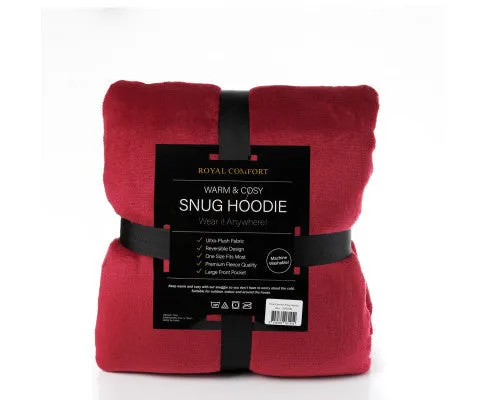Royal Comfort Snug Hoodie Nightwear Super Soft Reversible Coral Fleece 750GSM One Size Red
