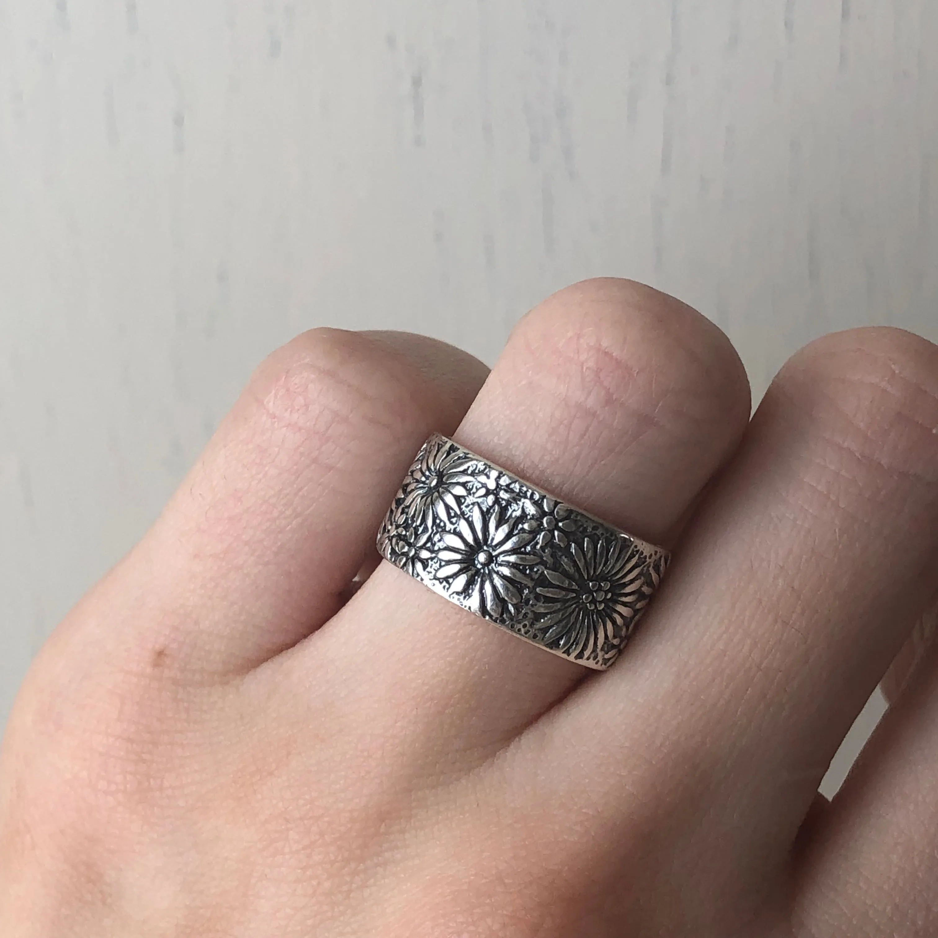 Sterling Silver Floral Cigar Band Ring